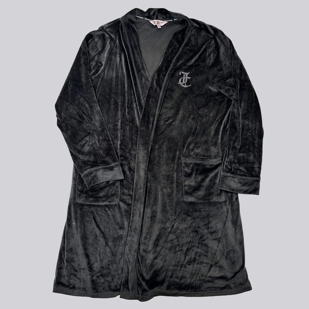 Y2K Juicy Couture Black Velour Robe Rhinestone Logo L/XL